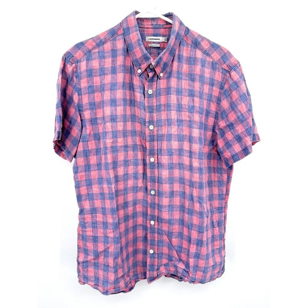 J.Lindberg Shirt Men's L Short Sleeve‎ Button Down Check Pink Blue Linen